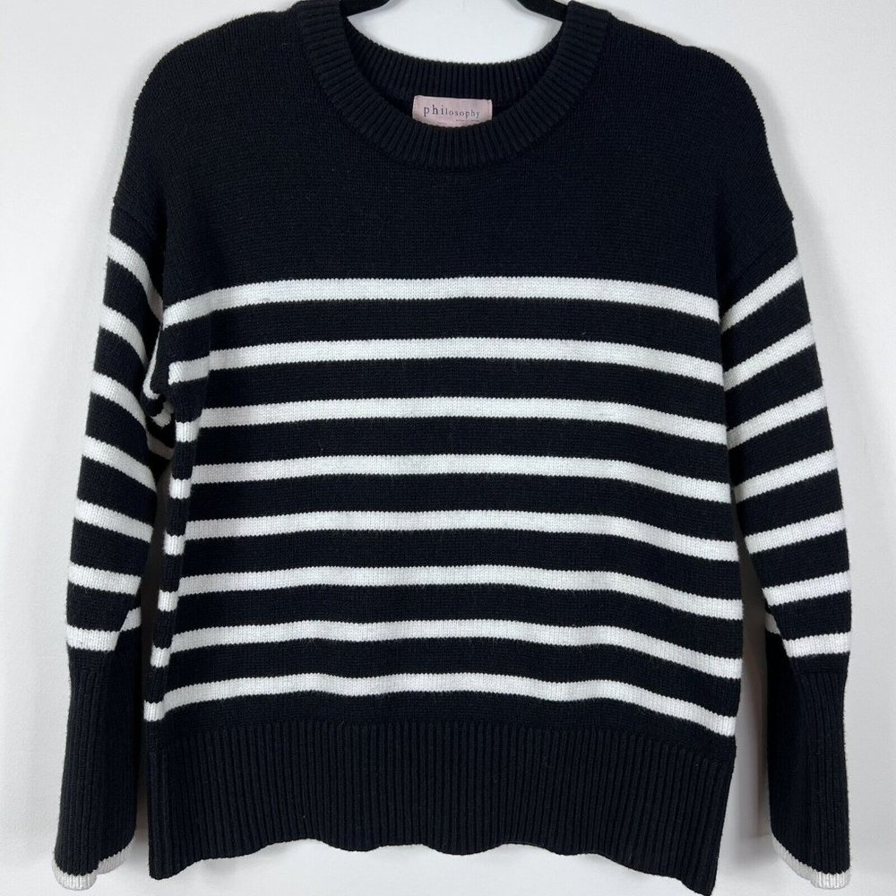 Philosophy Sweater Womens S/P Black White Striped Viscose Blend Crew Neck Soft